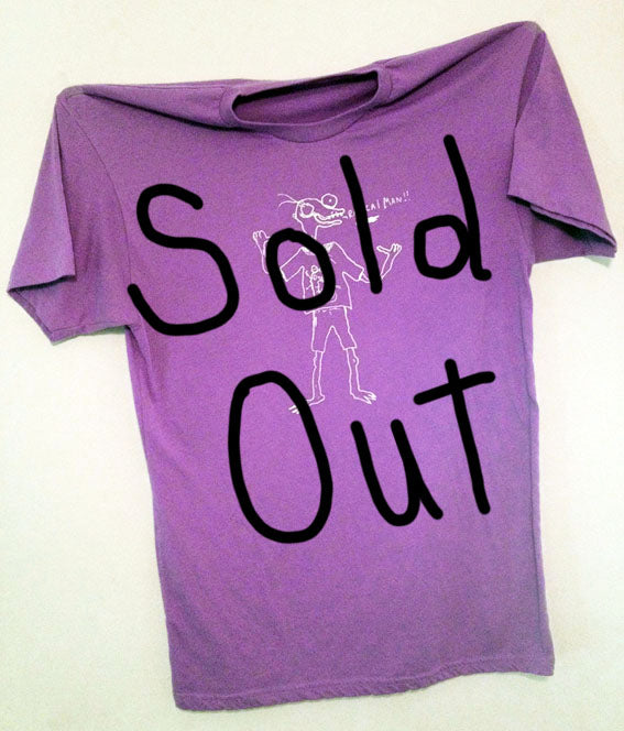 Picture of purple shirt with drawing of Guberland character saying “radical man!!” (in handwritten text). Large hand-written text over image that says “Sold Out”.