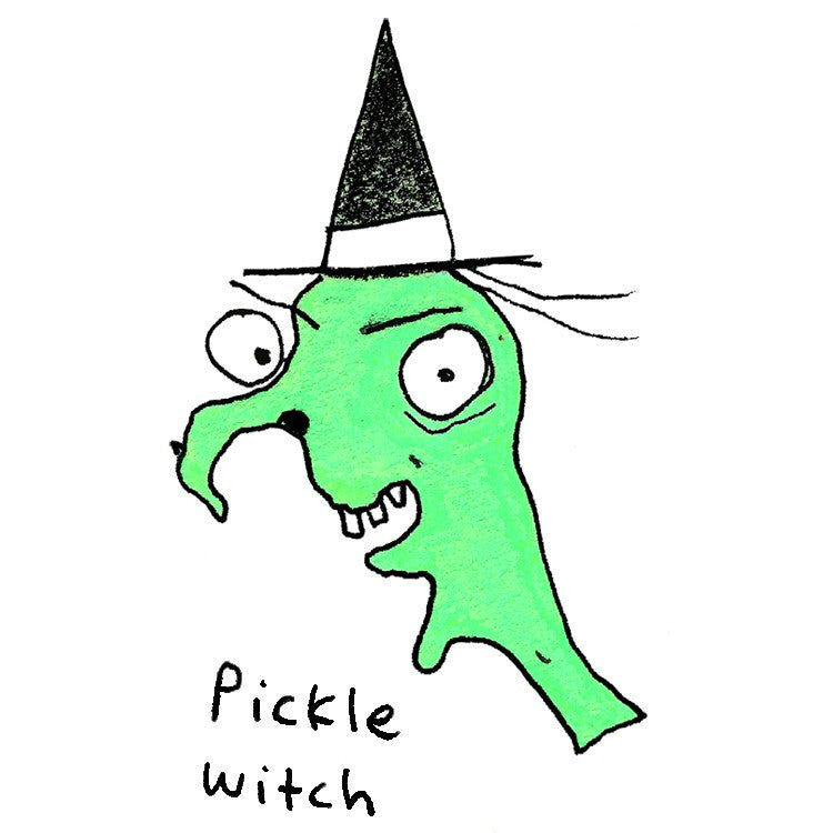 Hand-drawn green witch character with long nose with handwritten text that says “pickle witch”.
