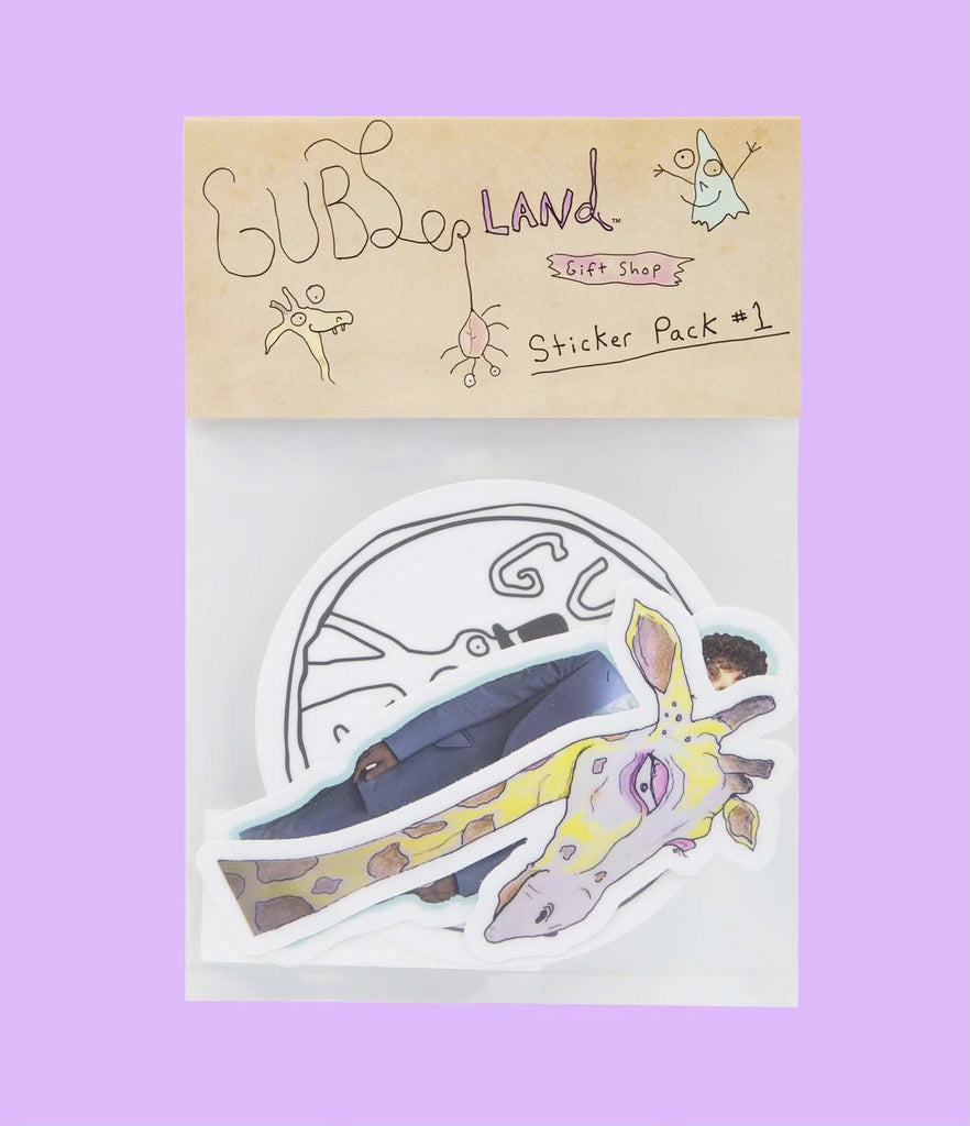 Two hand-drawn characters, and picture of Matthew with a perm, in sticker packaging with hand-writing that says "Gublerland Gift Shop Sticker Pack #1"
