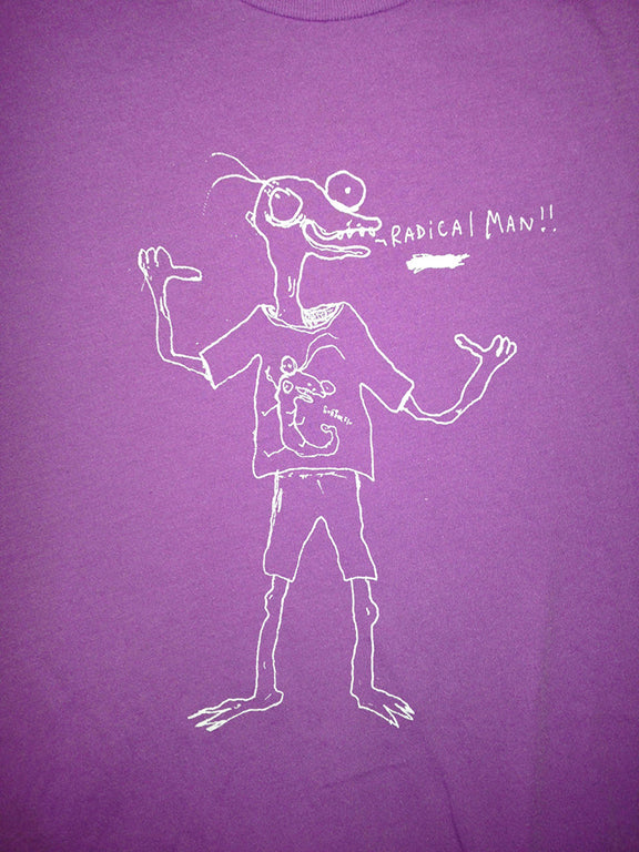 Picture of purple shirt with drawing of Guberland character saying “radical man!!” (in handwritten text).