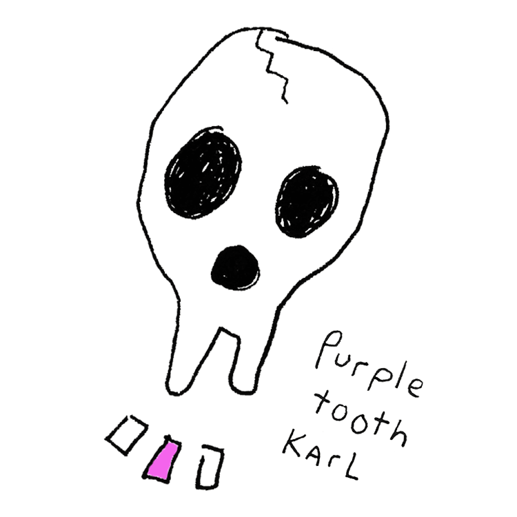 Hand-drawn skeleton head with a purple tooth and handwritten text that says “Purple tooth karl”.