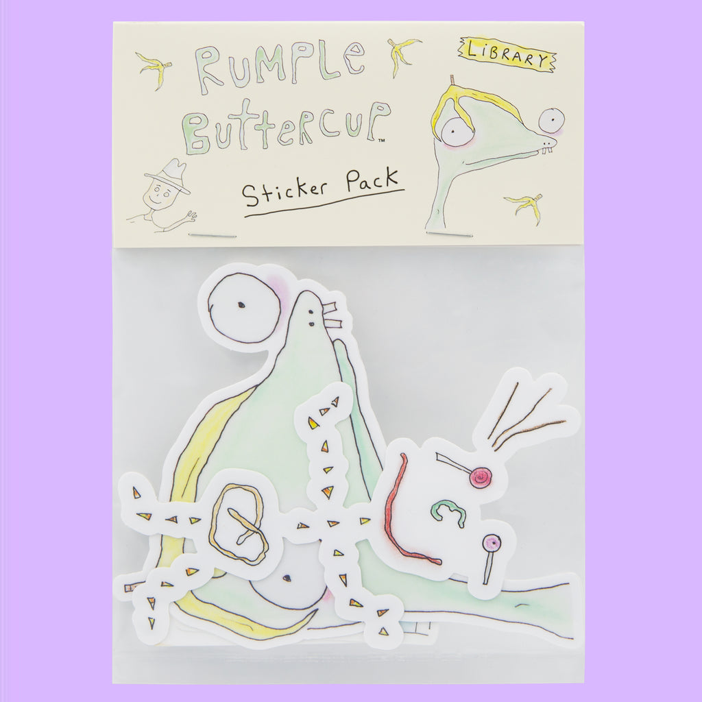 Three hand-drawn characters in sticker packaging with hand-writing that says "Rumple Buttercup Sticker Pack"