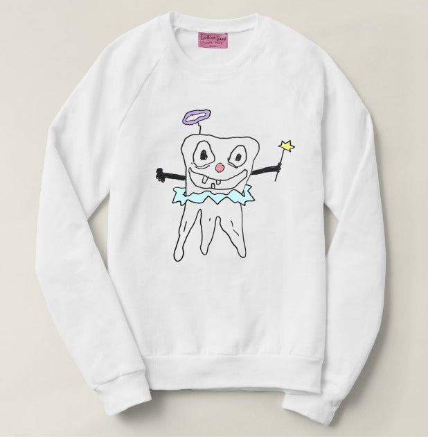 White crew neck sweatshirt with hand drawn artwork of a tooth fairy, holding a wand. 