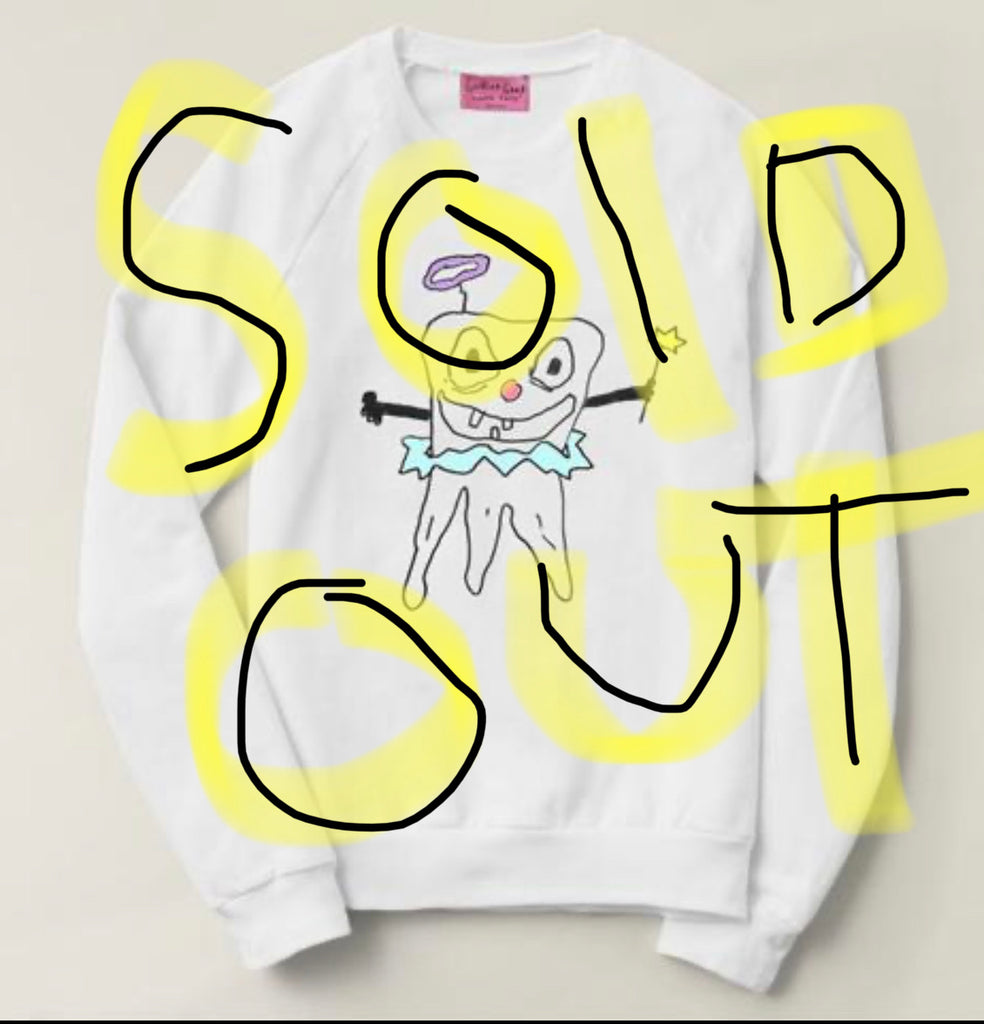 White crew neck sweatshirt with hand drawn artwork of a tooth fairy, holding a wand. Large hand-written text over image that says “Sold Out”.