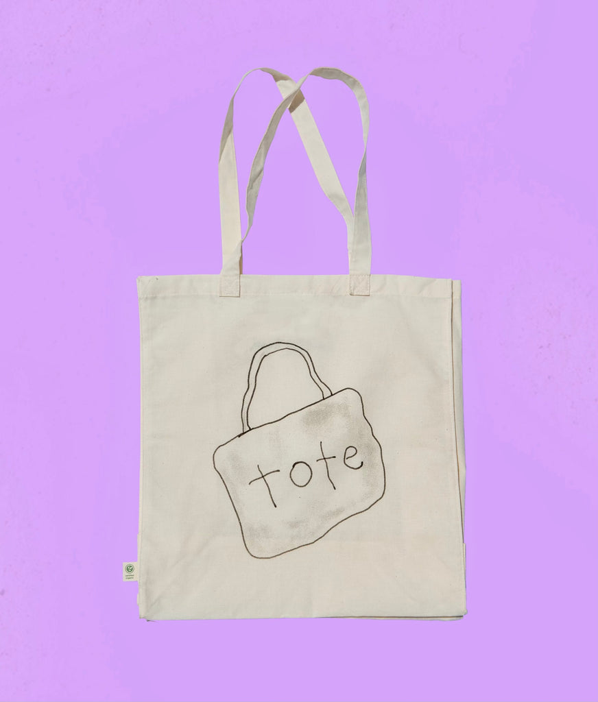 Canvas tote bag with drawing of tote bag on it.
