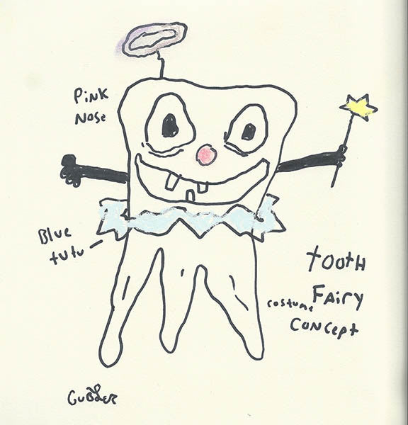 Hand-drawn artwork of a tooth fairy, holding a wand with handwritten text that says “Pink nose, Blue tutu, and tooth fairy costume concept.”